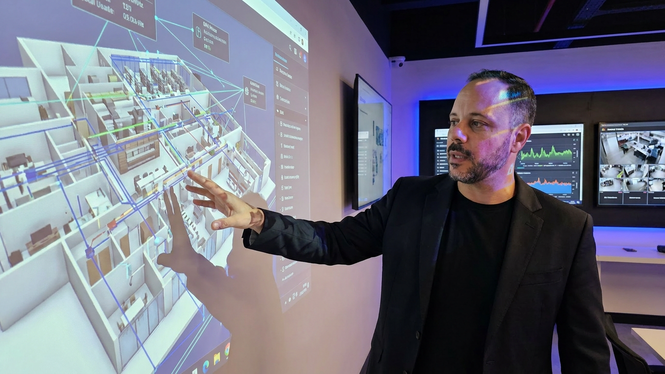 Leandro Correia apresentando o modelo BIM de um projeto de tecnologia